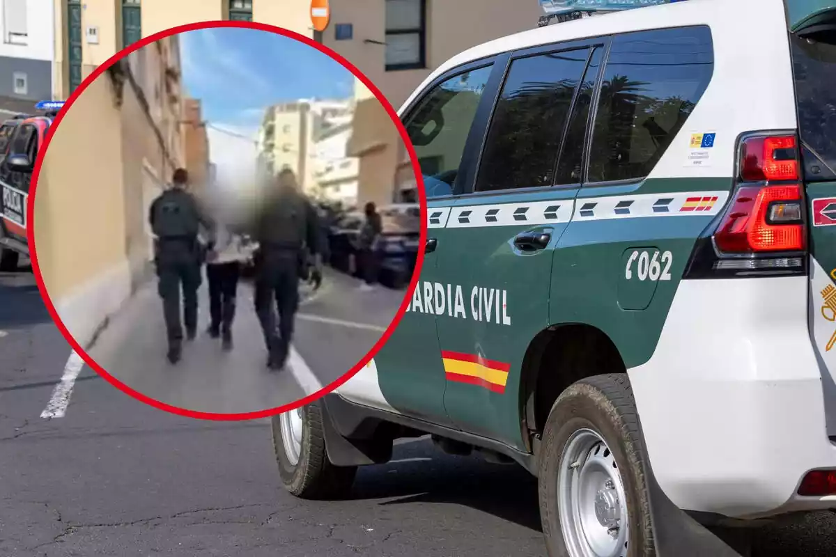 Montaje de la detención de un yihadista y un coche de la guardia civil