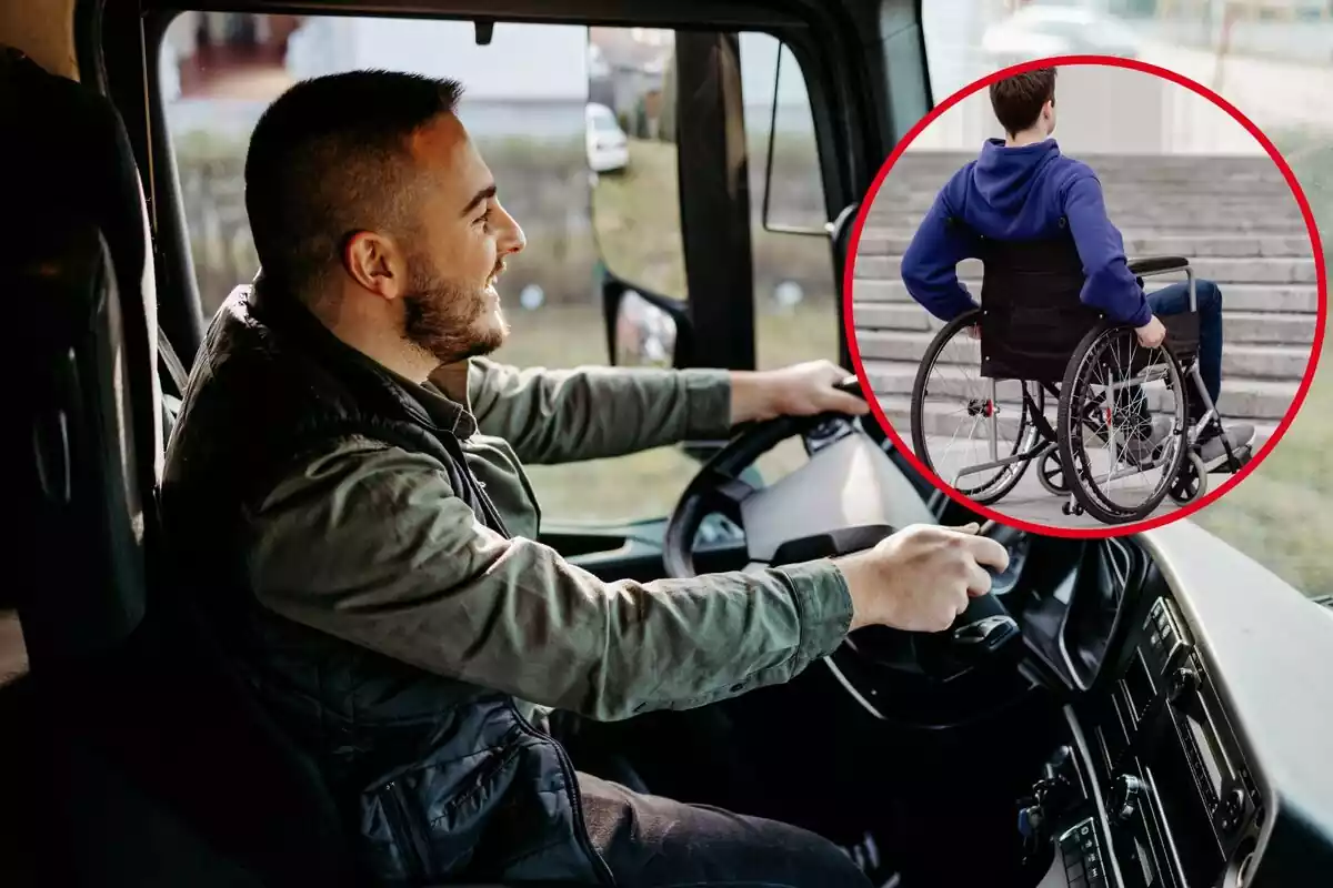 Un hombre conduce un vehículo, y en el círculo, un joven en silla de ruedas