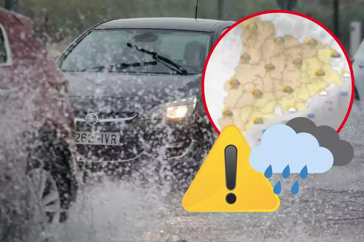 Coche conduciendo bajo la lluvia con un mapa meteorológico y símbolos de advertencia de lluvia y peligro.