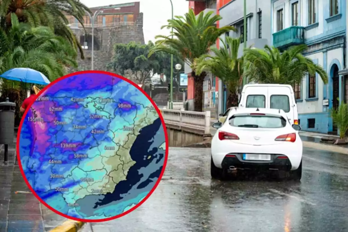 Montaje con un coche circulando en pleno temporal de lluvia y un círculo con el mapa de precipitación acumulada prevista para el miércoles, 1 de noviembre