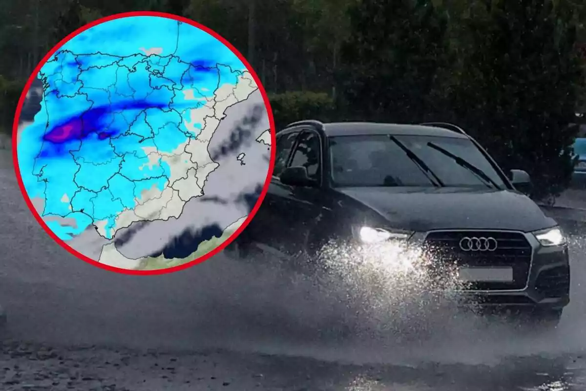 Montaje con coche circulante en pleno temporal de lluvia y un círculo con el mapa de precipitaciones