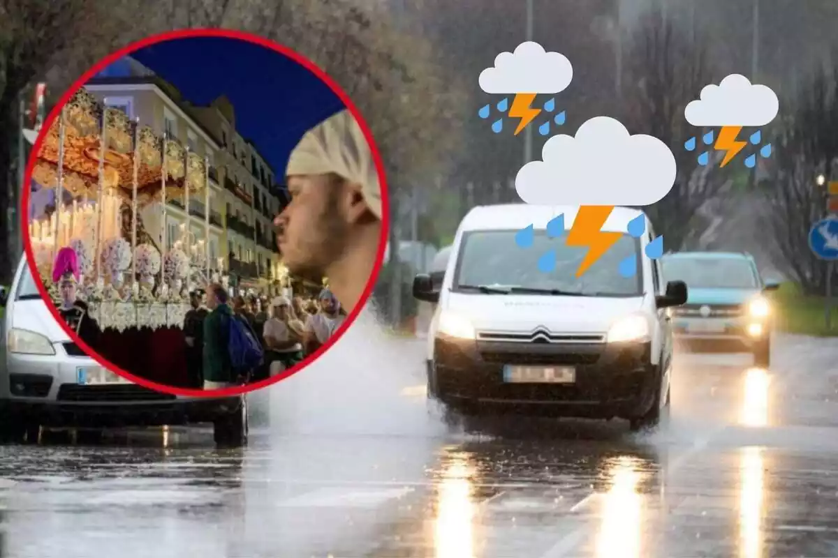 Montaje con coches atravesando charcos de agua, una procesión de Semana Santa y rayos