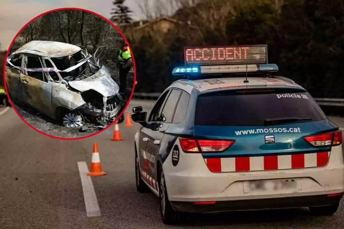 Un coche de policía de los Mossos d'Esquadra está estacionado en una carretera con conos de tráfico, mientras que en un recuadro se muestra un coche gravemente dañado y quemado, con agentes inspeccionando la escena del accidente.