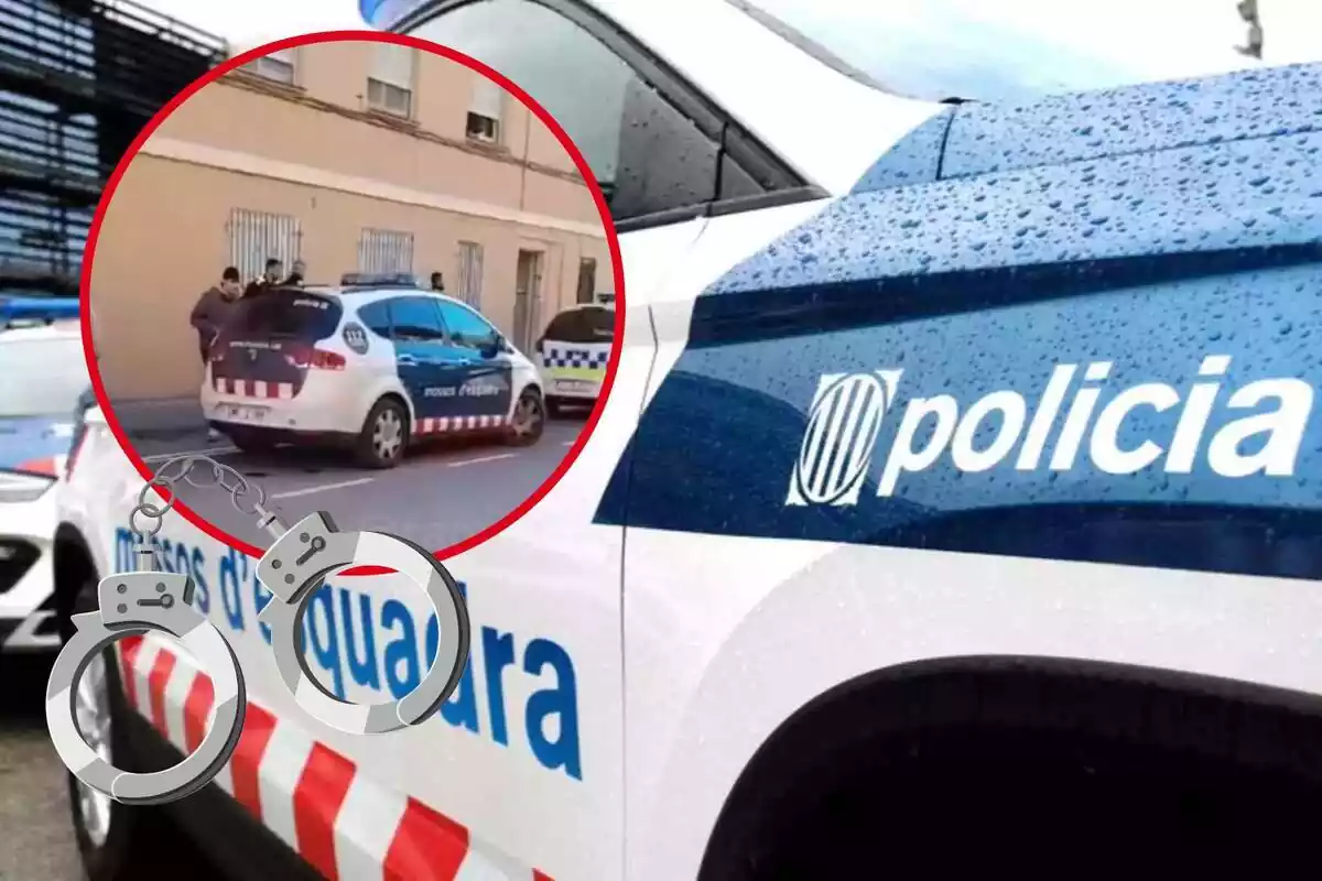 Montaje con un coche de los Mossos d'Esquadra y una captura de un vídeo de un joven abriendo la puerta del coche policial a un detenido