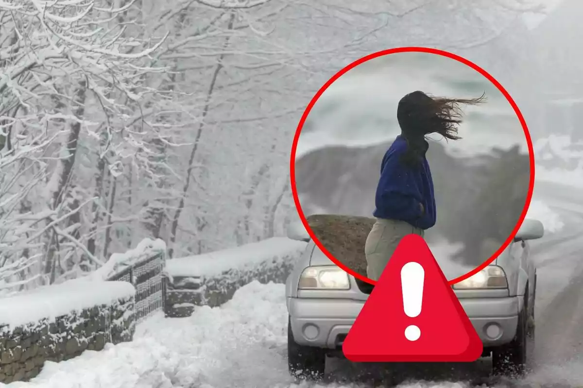 Un coche circula por una carretera nevada rodeada de árboles cubiertos de nieve con un círculo rojo que destaca a una persona con el cabello al viento y un símbolo de advertencia.