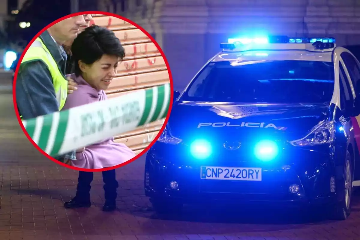 Montaje con un coche de la Policía Nacional con las luces encendidas y un círculo donde aparece Rosario Porto, detenida por presunto asesinato de su hija Asunta