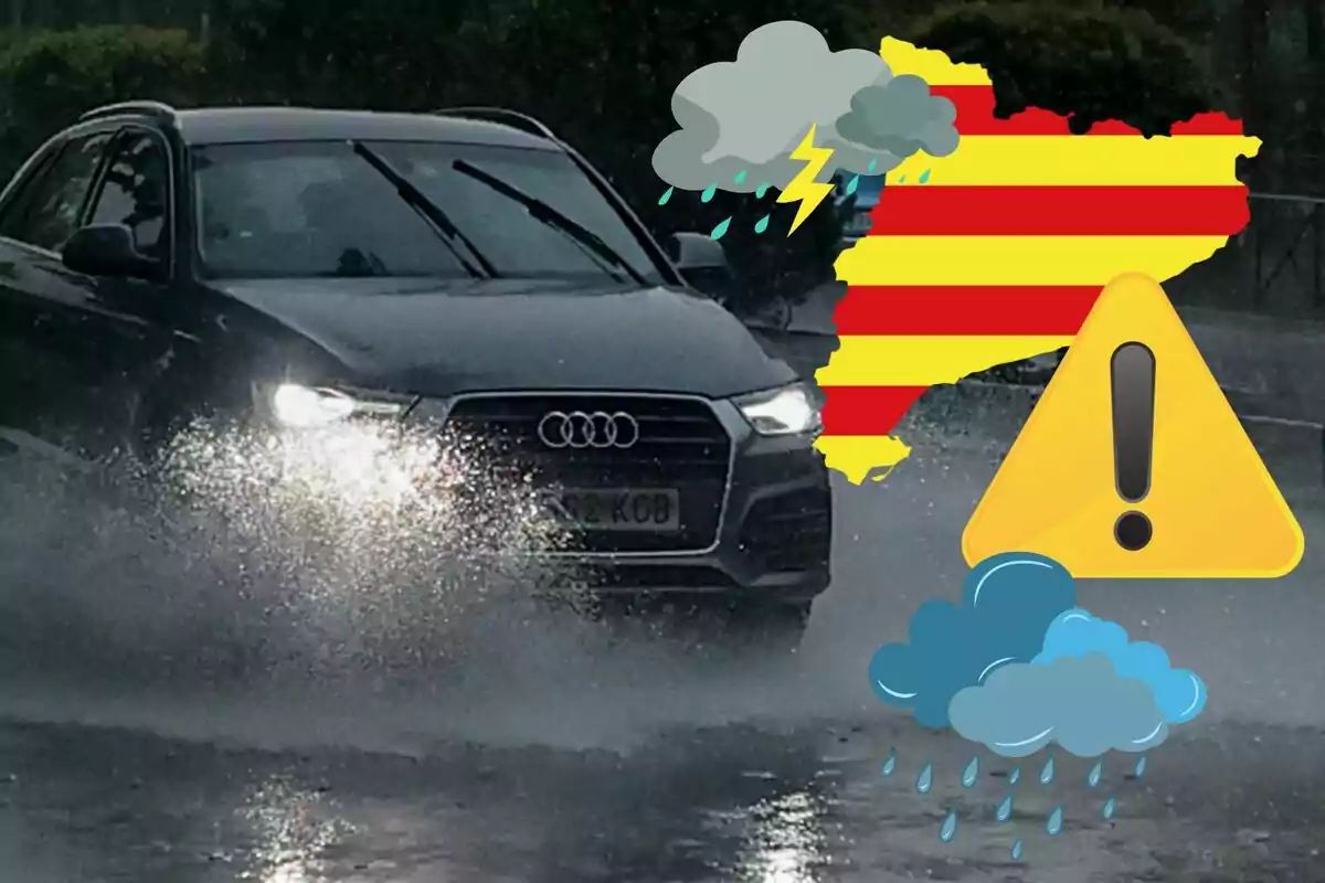 Un coche Audi circula por una carretera inundada bajo una fuerte lluvia, con símbolos de advertencia meteorológica y un mapa de Cataluña en el fondo.