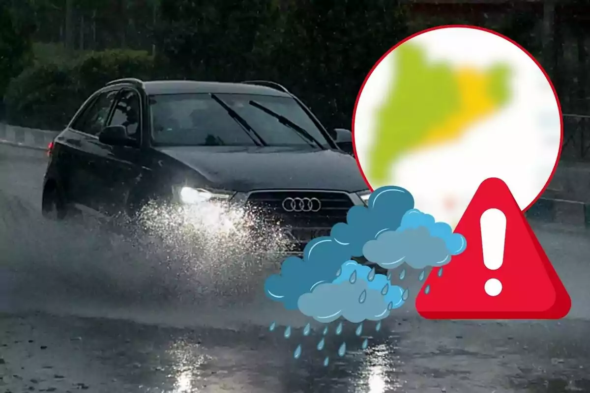 Coche conduciendo bajo la lluvia con un mapa borroso y un icono de advertencia de clima.