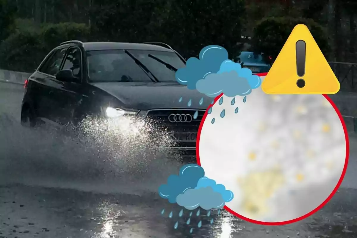 Un coche Audi circulando por una carretera mojada bajo la lluvia con un icono de advertencia y nubes de lluvia superpuestas.