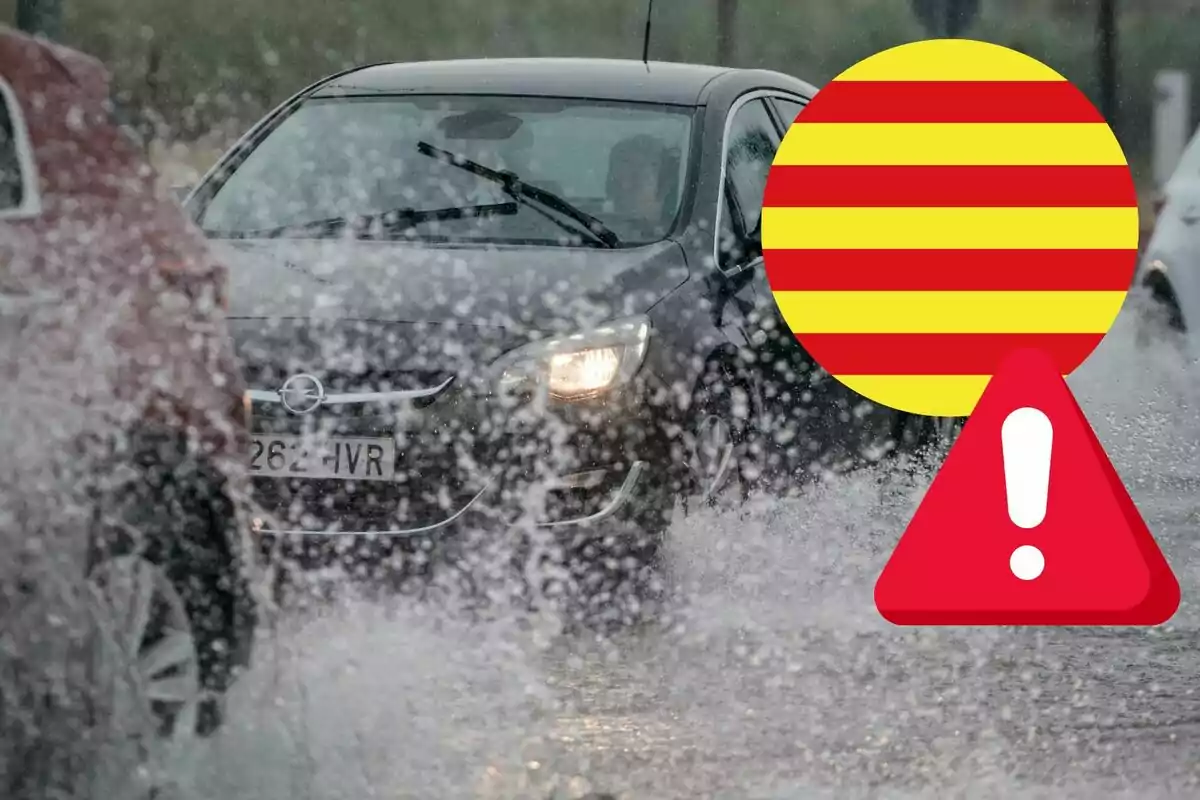 Montaje de un coche salpicando agua de lluvia, la bandera de Cataluña y una señal de alerta