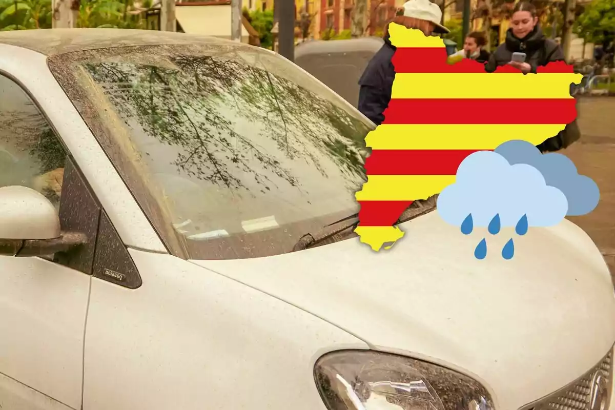 Un coche cubierto de polvo con un mapa de Cataluña y un icono de lluvia superpuestos.