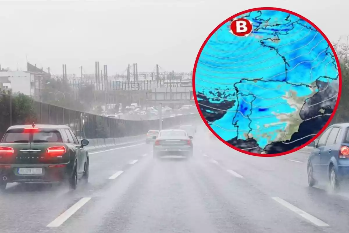 Montaje con varios coches circulando bajo la lluvia en Madrid y un círculo con el mapa radar de España