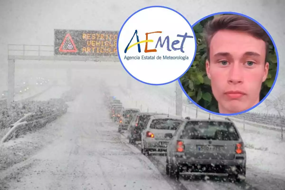 Montaje con una carretera llena de coches en pleno temporal de nieve y dos círculos con la cara de Jorge Rey y el logo de la AEMET