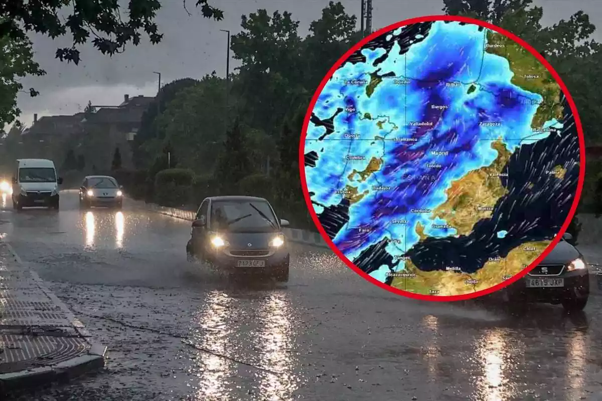 Montaje con varios coches conduciendo mientras llueve y un círculo con un mapa radar de España