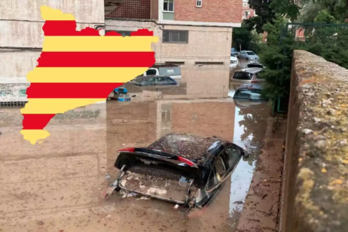 Montaje de coches debajo del agua por una inundación y la silueta de Cataluña con su bandera