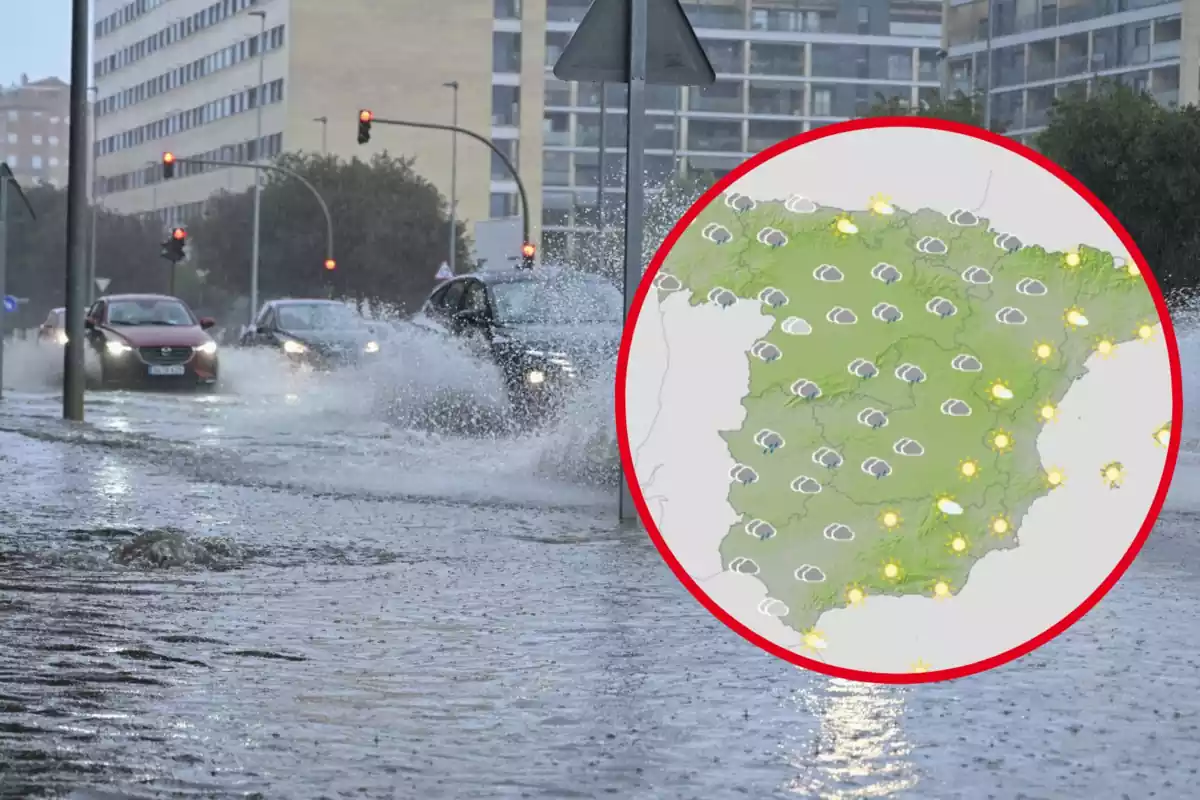 Montaje con varios coches circulando por una calle inundada por la lluvia y un círculo con la previsión del tiempo