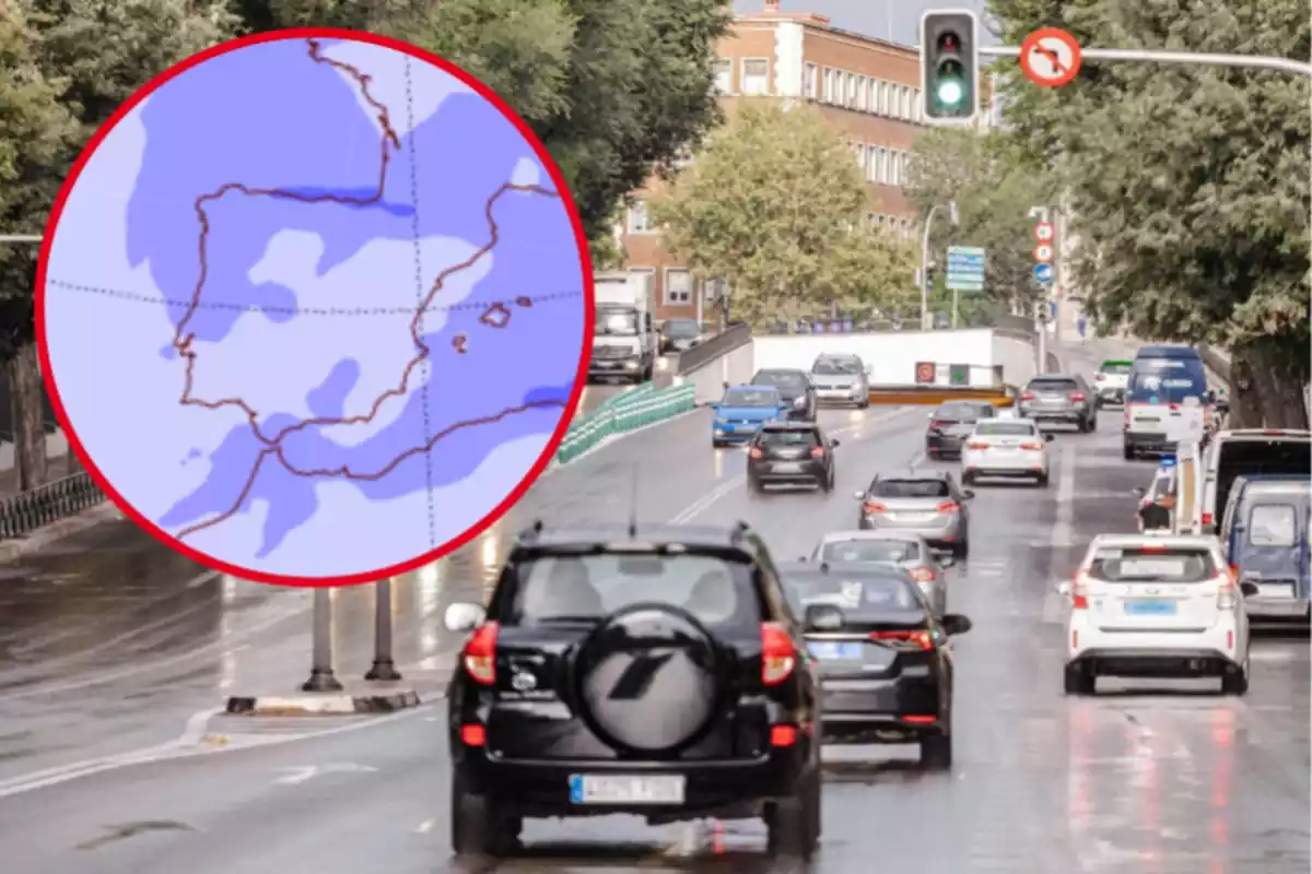 Montaje con una carretera con coches conduciendo mientras llueve y un círculo con el mapa de precipitaciones de la AEMET