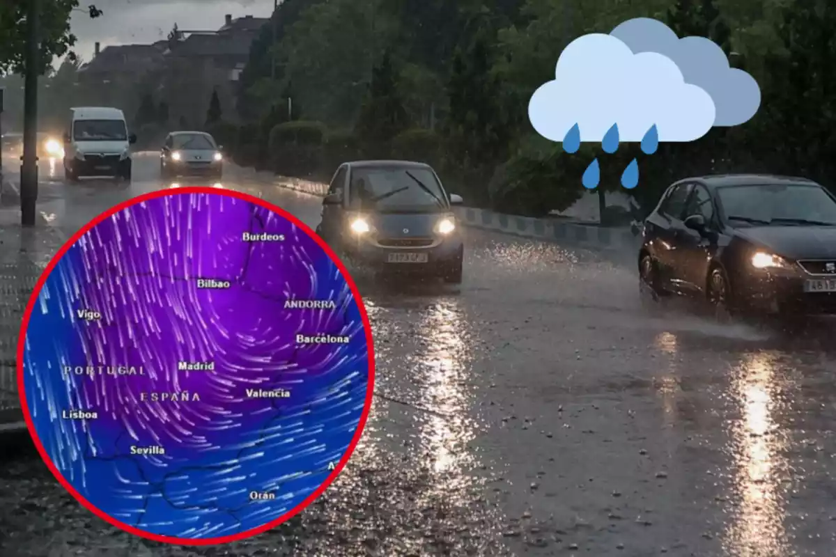 Montaje con varios coches conduciendo en pleno temporal de lluvia, un círculo con el mapa radar de Meteored y un emoticono con dos nubes y varias gotas de lluvia