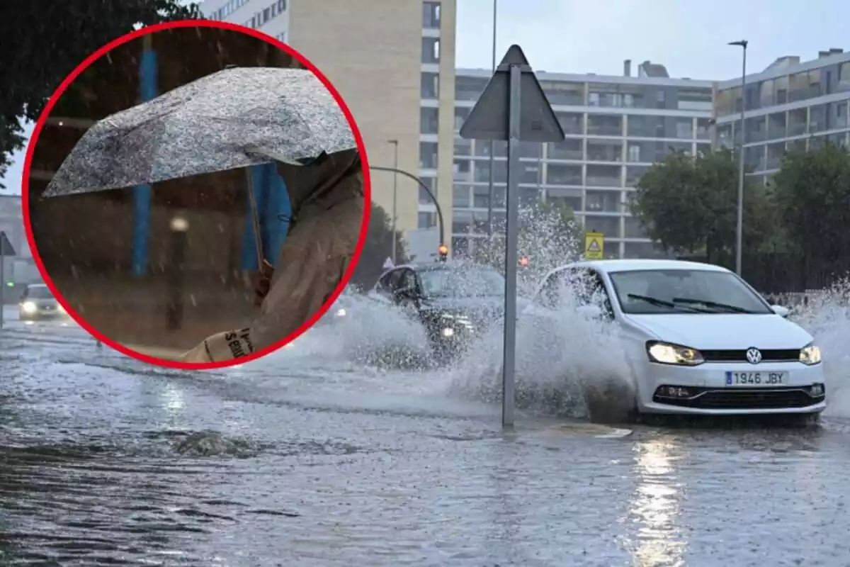 Montaje con varios coches circulando por una calle inundada en pleno temporal de lluvia y un círculo con una persona sujetando un paraguas