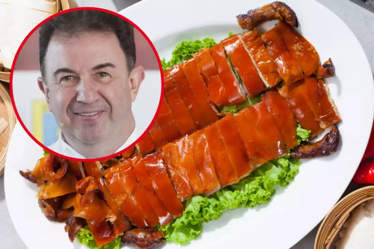 Montaje con un cerdo asado emplatado y un círculo con la cara del cocinero Martín Berasategui