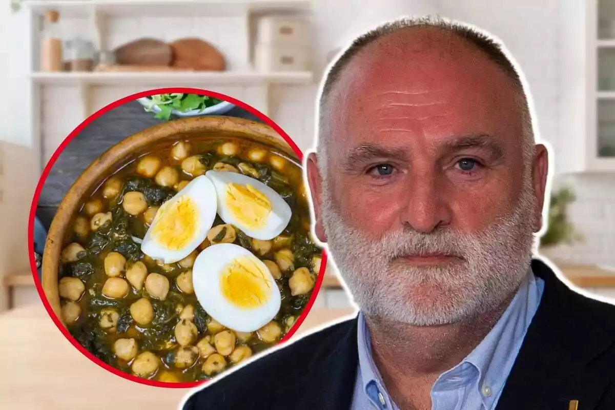 Montaje con una cocina de fondo, la cara del chef José Andrés y un círculo con un plato de garbanzos y espinacas