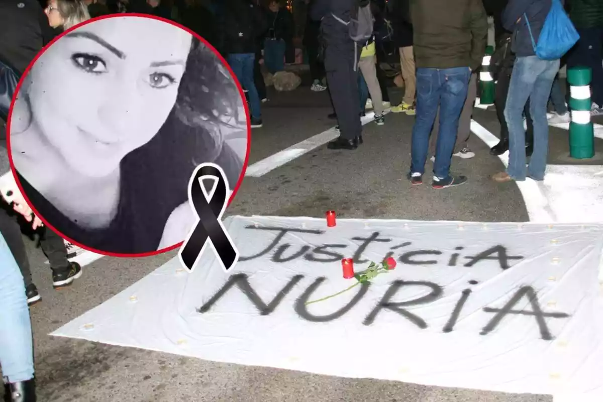 Montaje de la imagen de la cocinera asesinada en la cárcel de Tarragona y una pancarta clamando justicia por su muerte