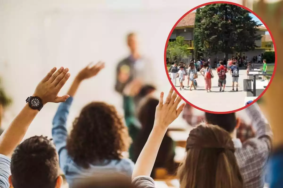 Unos alumnos de espalda levantan la mano, y en el círculo, imagen del colegio Estudio