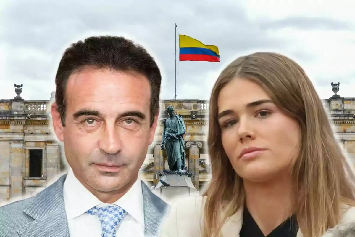 Enrique Ponce y Ana Soria en primer plano con un edificio histórico y una bandera de Colombia al fondo.