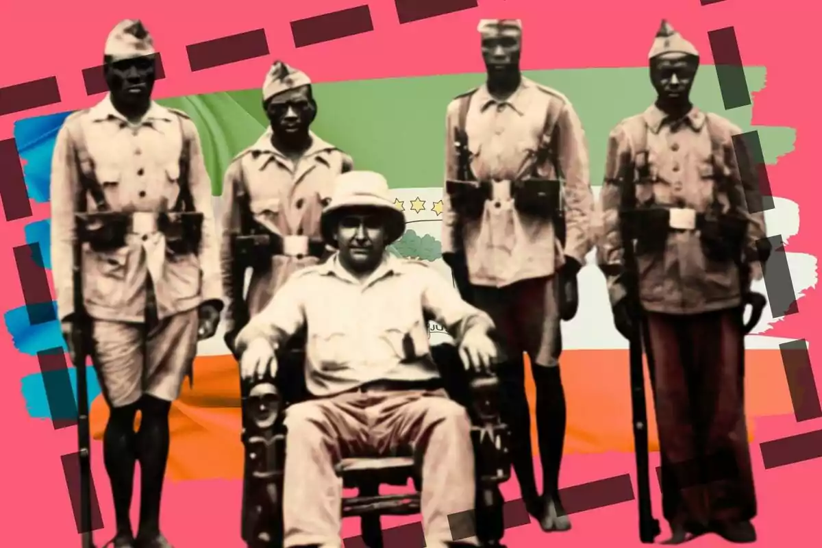 Cinco hombres con uniforme militar posan frente a una bandera de Guinea Ecuatorial sobre un fondo rosa con detalles geométricos oscuros.
