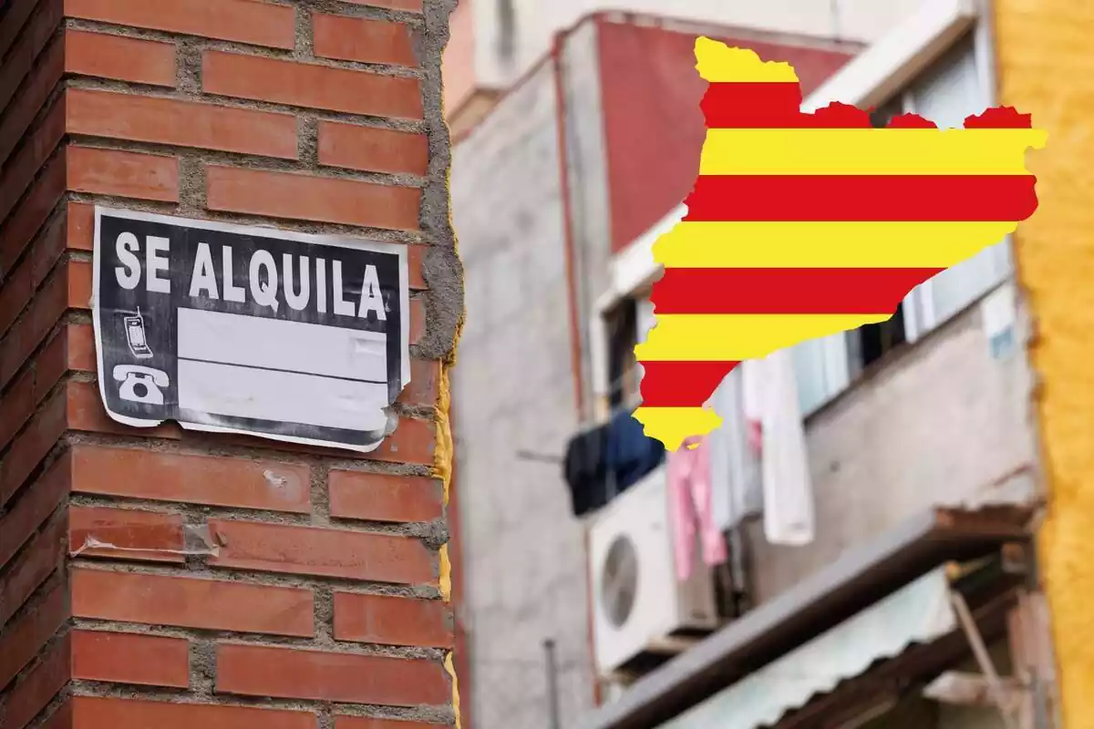 Montaje de una columna en la calle con un cartel de 'Se Alquila' con el perfil de Cataluña y su bandera