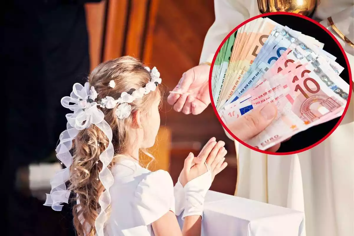 Una niña en su primera comunión, y en el círculo, varios billetes de euro