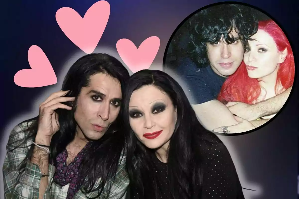 Dos personas con maquillaje oscuro y cabello largo posan juntas, con corazones rosados en el fondo y una imagen circular en la esquina superior derecha que muestra a la misma pareja en una foto más antigua.