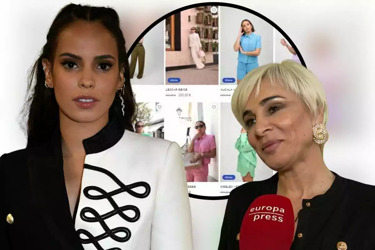 Montaje con Ana María Aldón junto a Gloria Camila y la imagen de su tienda de ropa