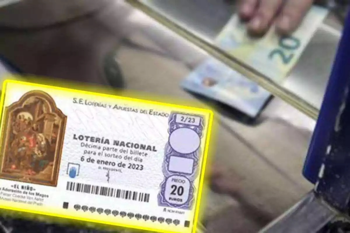 Montaje con un billete de 20 euros de fondo y un décimo de la Lotería Nacional