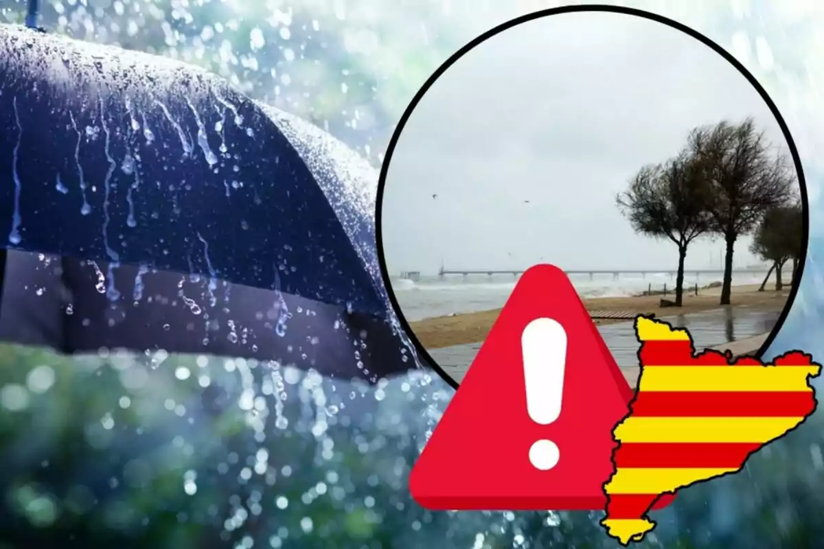 Montaje con foto al fondo de lluvias y un paraguas, foto pequeña de la playa con mucho viento, foto del mapa con la bandera de Cataluña y emoji de alerta