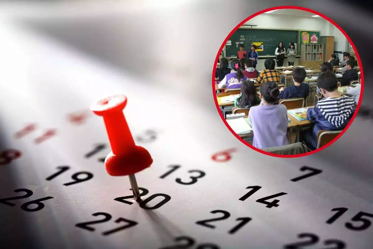 Montaje de fotos de un calendario con una chincheta marcado el día 20 y una aula escolar con niños atendiendo a una clase Montaje de fotos de un calendario con una chincheta marcado el día 20 y una aula escolar con niños atendiendo a una clase
