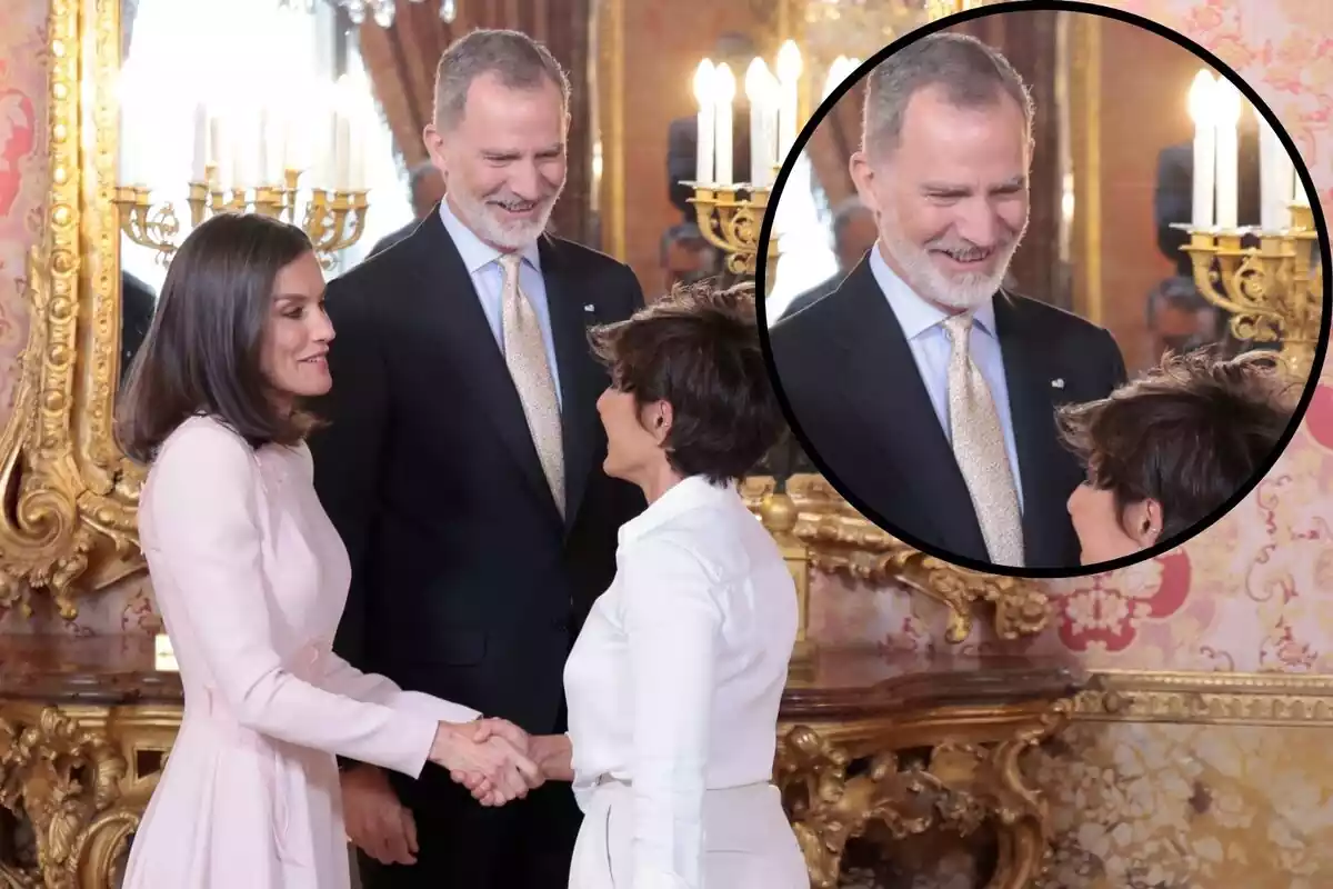 Montaje con la imagen del encuentro entre Letizia y Sonsoles Ónega y la mirada de Felipe VI
