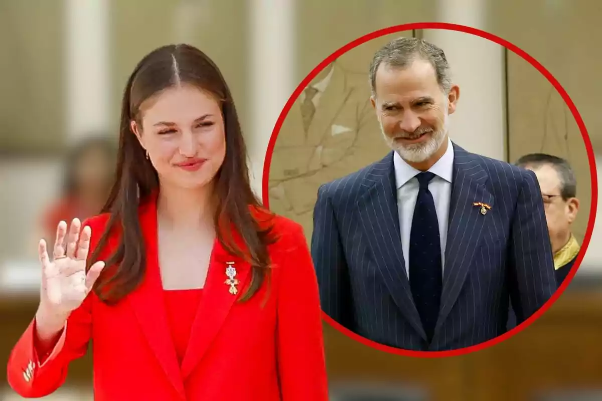 Una mujer joven vestida de rojo saludando con la mano y un hombre mayor con traje y corbata dentro de un círculo rojo.