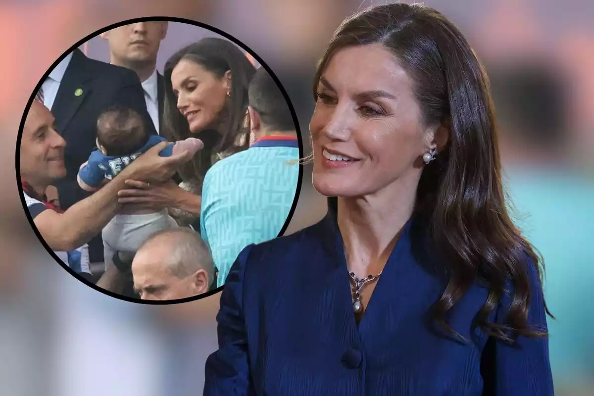 Montaje con la reina Letizia junto a una imagen con un bebé en brazos