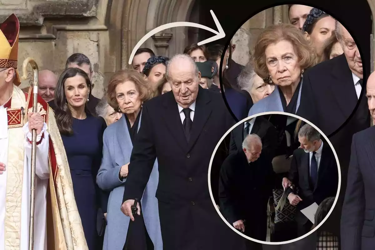 Montaje con la reina Sofía muy seria junto a la imagen del abrazo entre Felipe VI y su padre Juan Carlos I