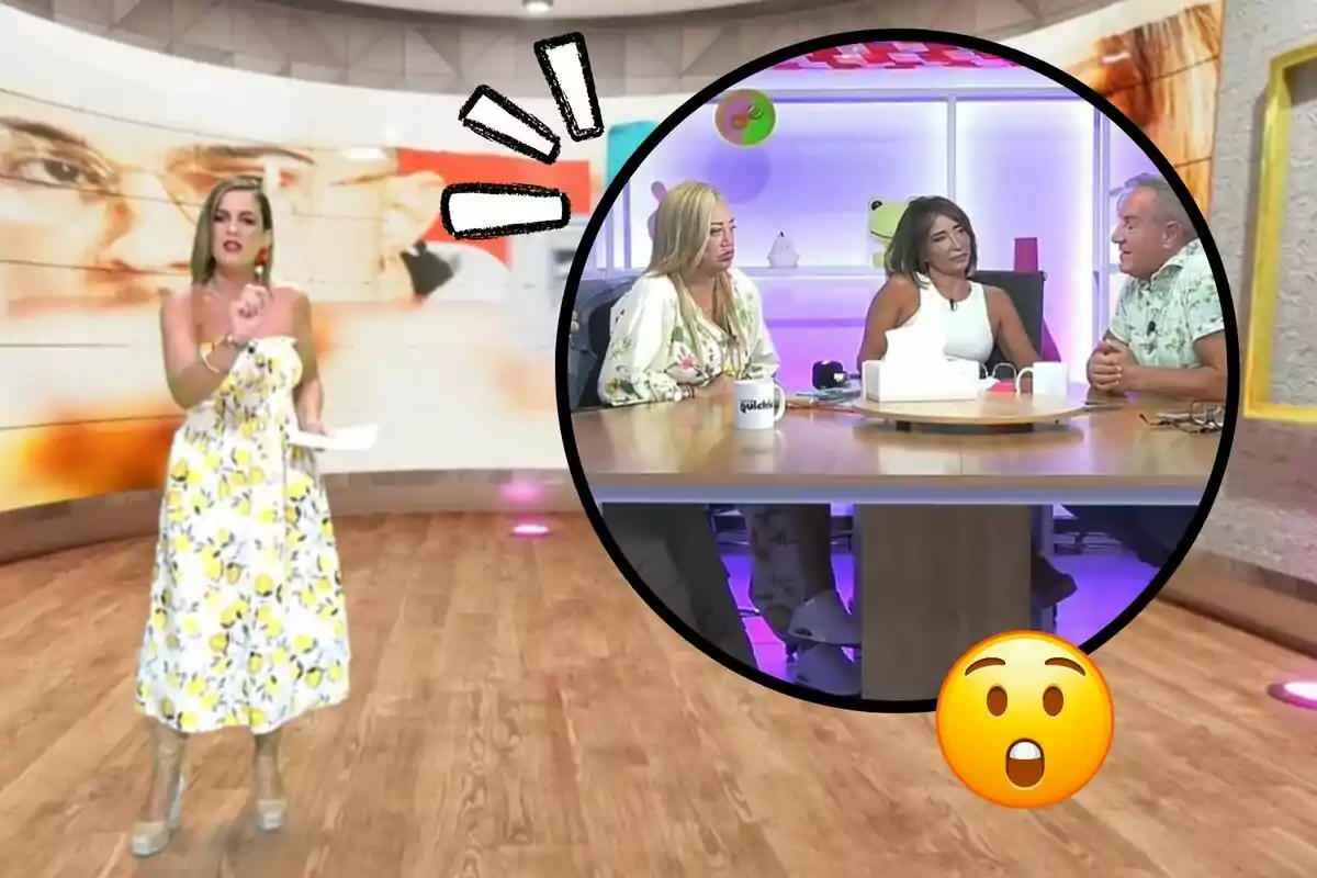 Una presentadora de televisión en un estudio con un vestido de flores amarillas y blancas, mientras en un círculo se muestra a tres personas sentadas en una mesa de discusión, acompañadas de un emoji sorprendido.