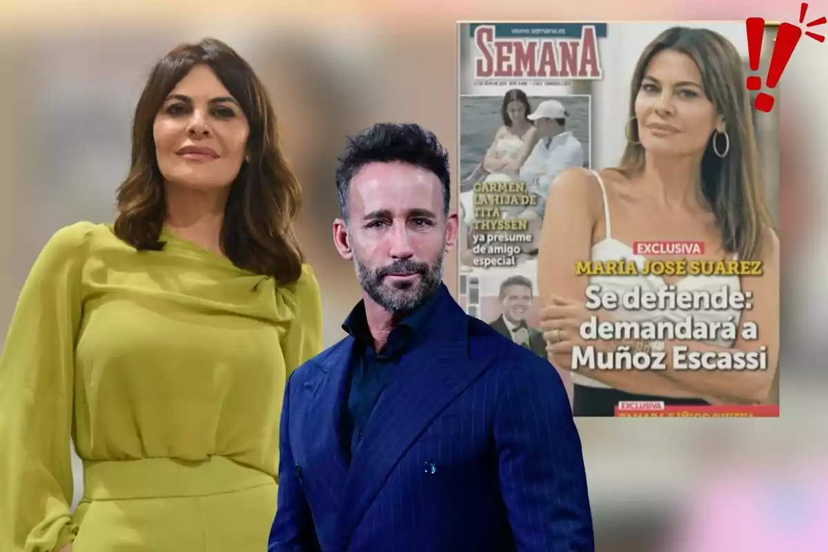 Una mujer con blusa verde y un hombre con traje azul oscuro posan frente a una portada de revista que muestra a otra mujer con vestido blanco y el titular "María José Suárez se defiende: demandará a Muñoz Escassi".