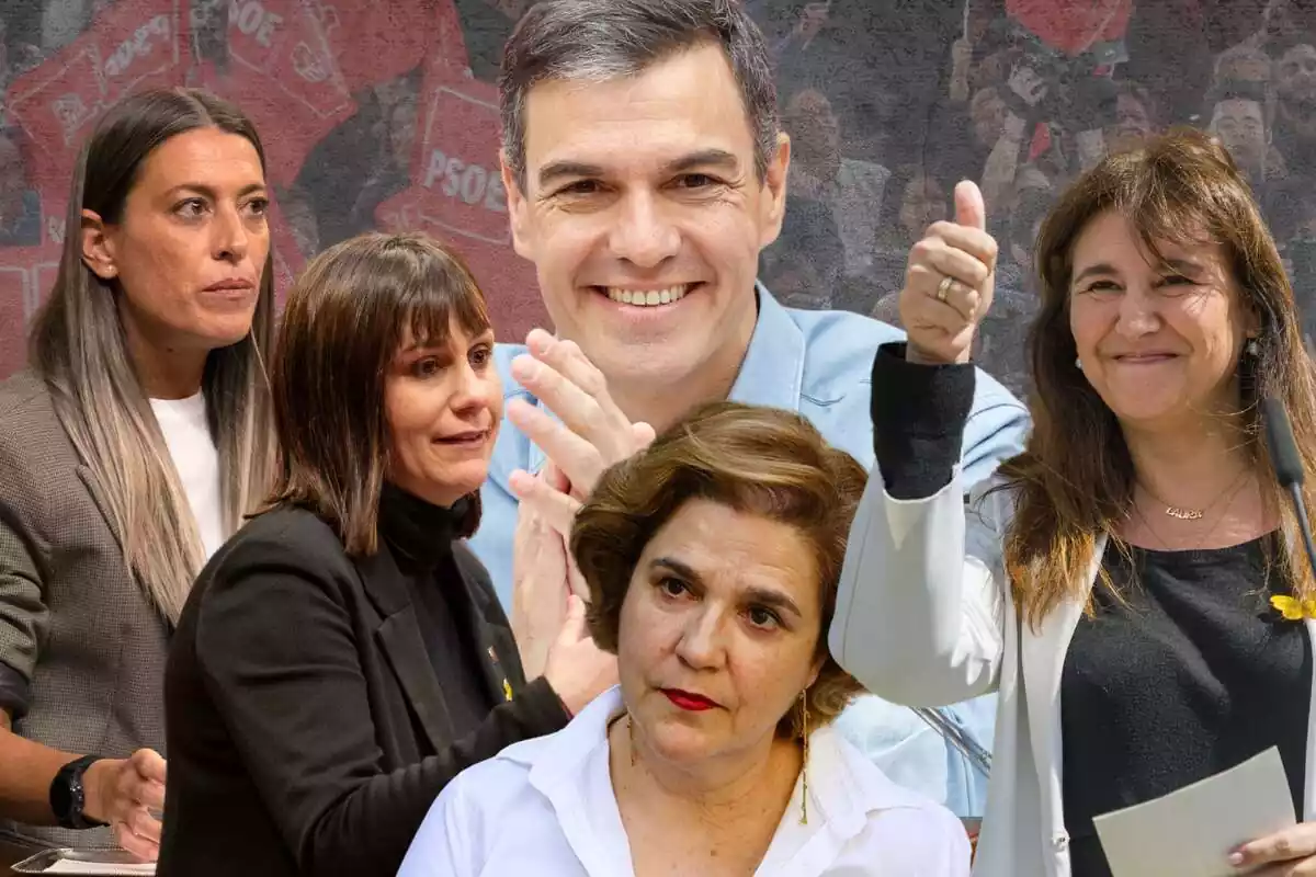 montaje con Miriam Nogueras, Aurora Madaula, Pilar Rahola y Laura Borràs, con Pedro Sánchez muy sonriente de fondo