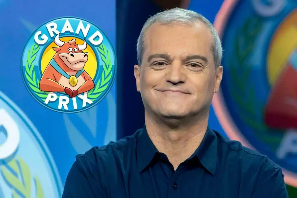 Montaje con una imagen de Ramón García presentando 'El Grand Prix' con un logo del programa