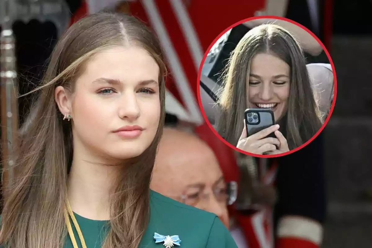 Montaje con una imagen de Leonor con el rostro serio con una imagen suya mirando un teléfono en las Olimpiadas de París 2024