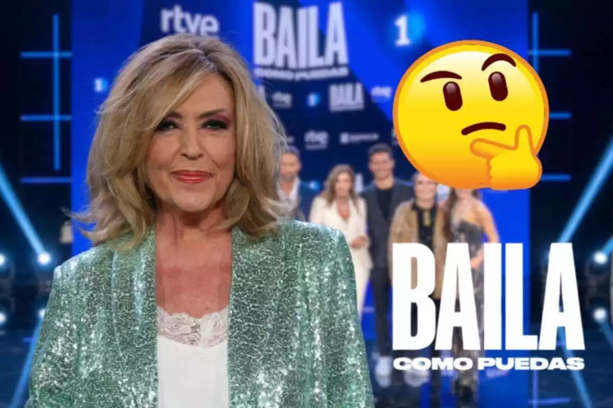 Montaje de los concursantes de 'Baila como puedas', Lydia Lozano sonriendo con una blazer brillante, un emoji pensando y el logo del programa