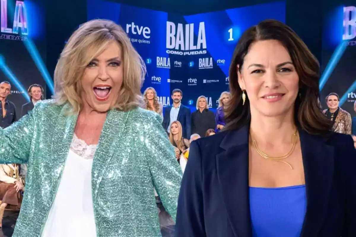 Montaje de los concursantes de 'Baila como puedas', Lydia Lozano feliz con una blazer brillante y Fabiola Martínez sonriendo vestida de azul