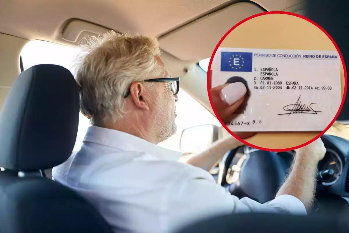 Un hombre con gafas conduce un coche, y en el círculo, un carnet de conducir