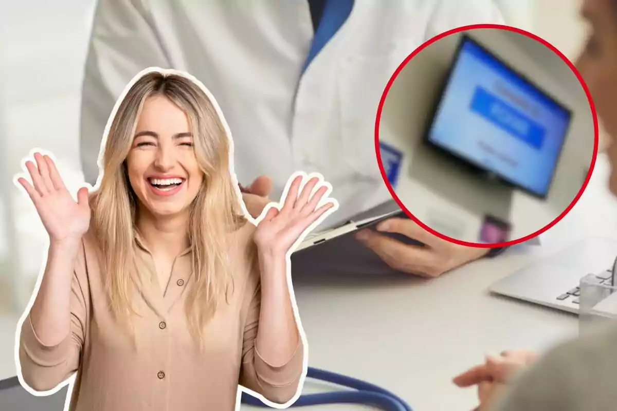 Una mujer sonriente con las manos levantadas frente a una imagen de un médico sosteniendo una tableta y una pantalla borrosa en el fondo.