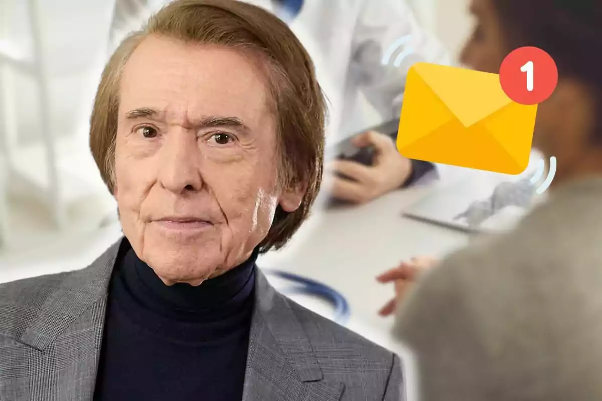 Raphael con cabello castaño claro y expresión seria está en primer plano, mientras que en el fondo se observa una consulta médica con un sobre amarillo de notificación.